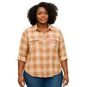 Papermoon Plus Size 3X Plaid Shirt Collared Button Front Orange Pink White Black